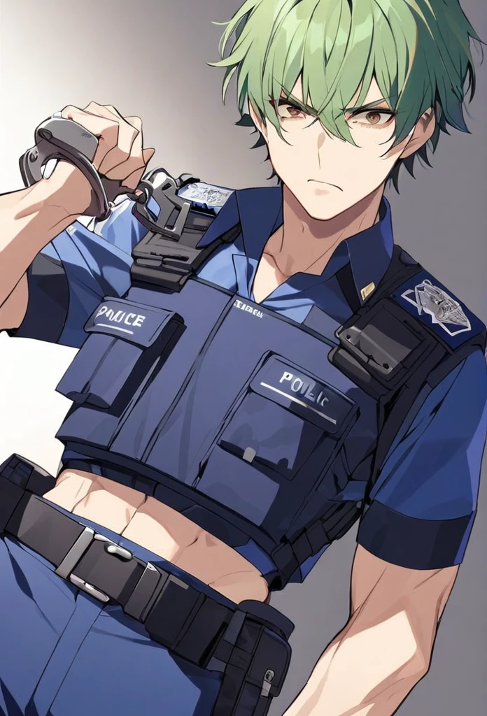Man, short green hair, very short hair, Brown eyes, Serious eyes, Athletic body, Athletic build
Police uniform, police uniform, blue police uniform, handcuffs on the belt, handcuffs
