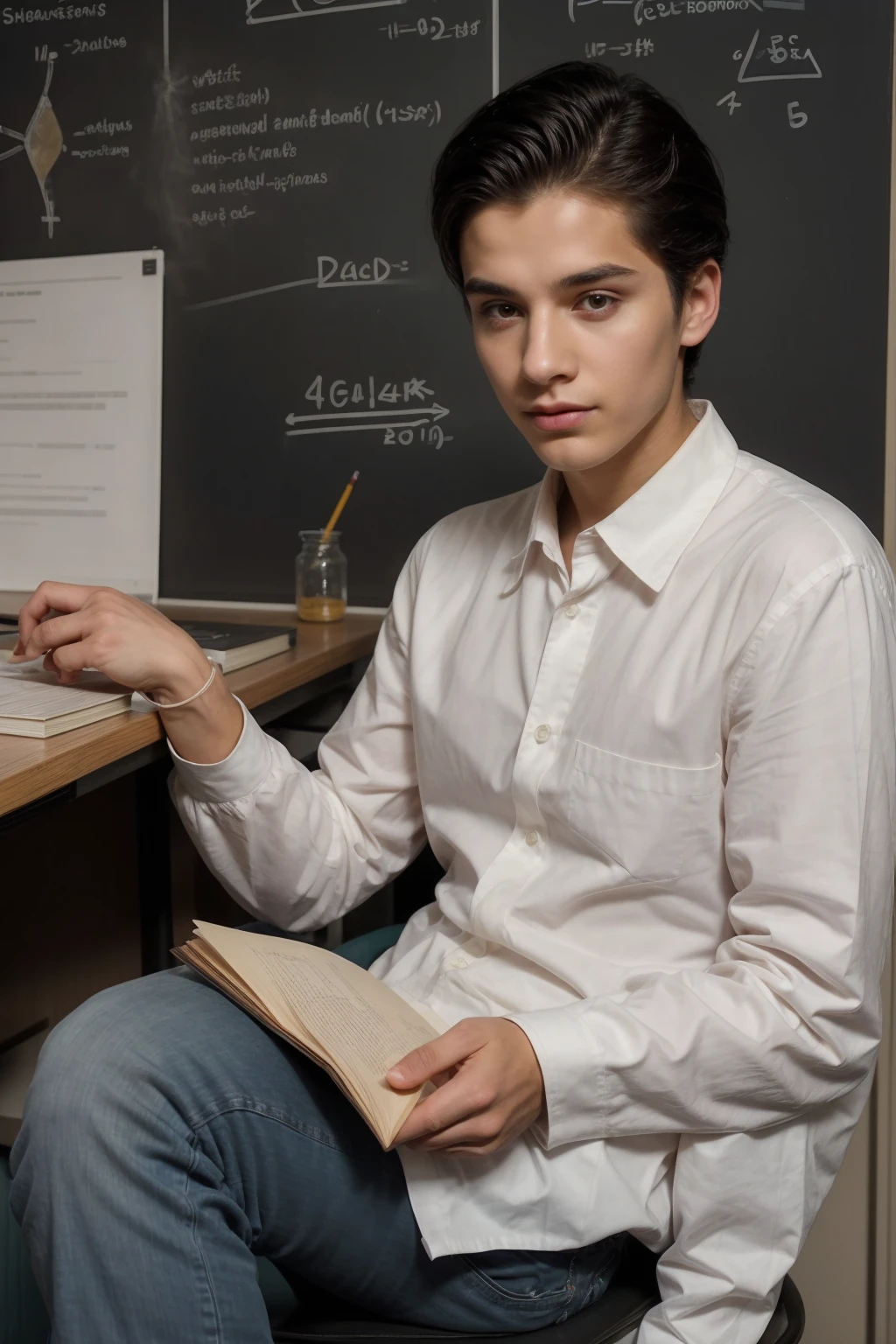 A beautiful young man, a cute twinkle, male. He has black hair and a face with makeup. He is wearing a white long-sleeved shirt and black jeans. He is in his huge scientific office, and behind him is a blackboard with chemical reactions written on it. He is sitting studying with concentration, at a desk with a science book on it. mathematics