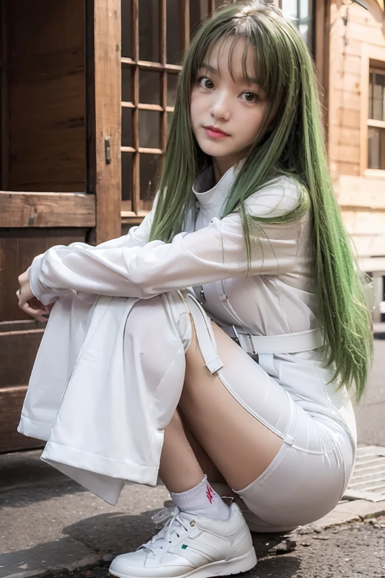 (masterpiece, best quality, detailed), 1girl, solo, looking at viewer, c.c., yellow eyes, green hair, long hair, bangs, medium breasts, straitjacket, white bodysuit, white shoes,  long sleeves, wide sleeves,