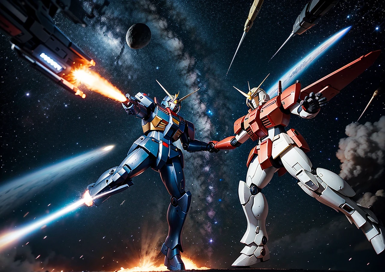 universe space、There is a fierce battle、Confronting and fighting the enemy、Gundam、Mobile Suit、Draw at the same size as the enemy