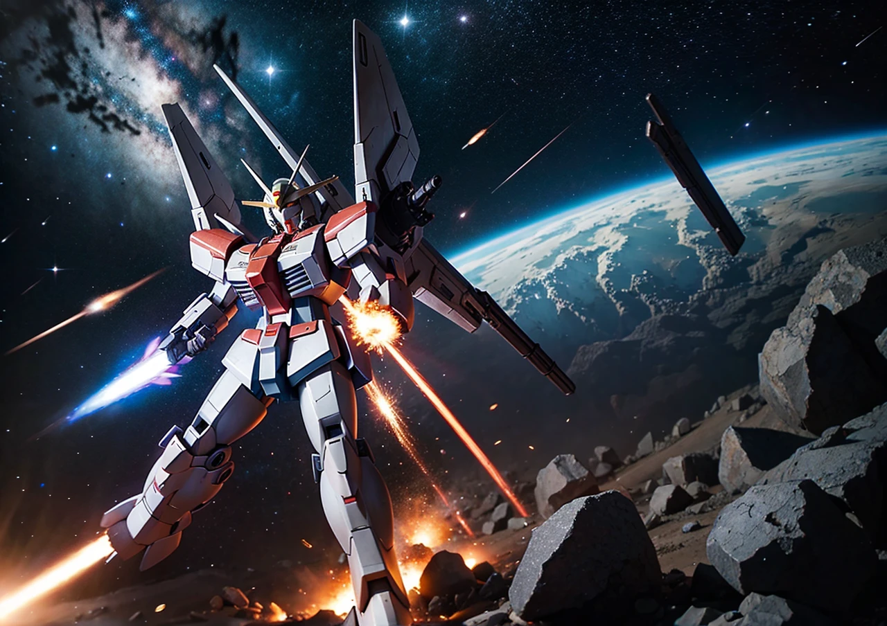 universe space、There is a fierce battle、Confronting and fighting the enemy、Gundam、Mobile Suit、Draw at the same size as the enemy