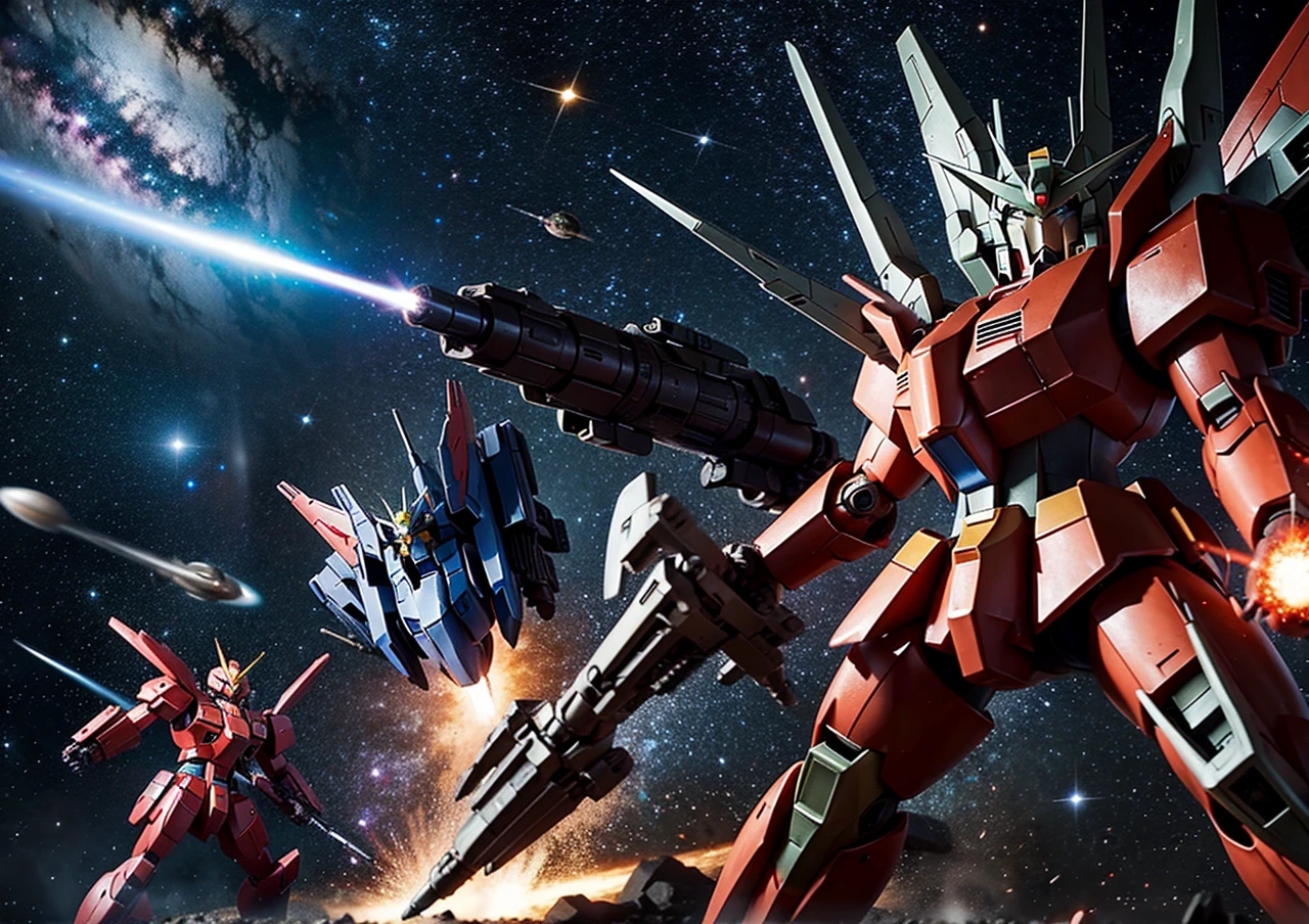 universe space、There is a fierce battle、Confronting and fighting the enemy、Gundam、Mobile Suit、Draw at the same size as the enemy