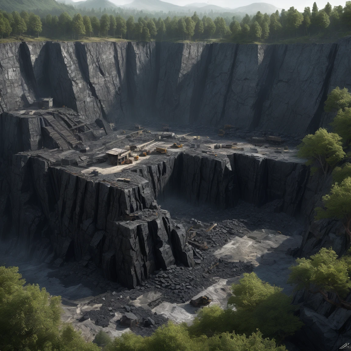 (best quality)), ((masterpiece)), ((realistic,digital art)), (super detailed), (gigantic obsidian quarry), (medieval fantasy style), piles d'obsidienne