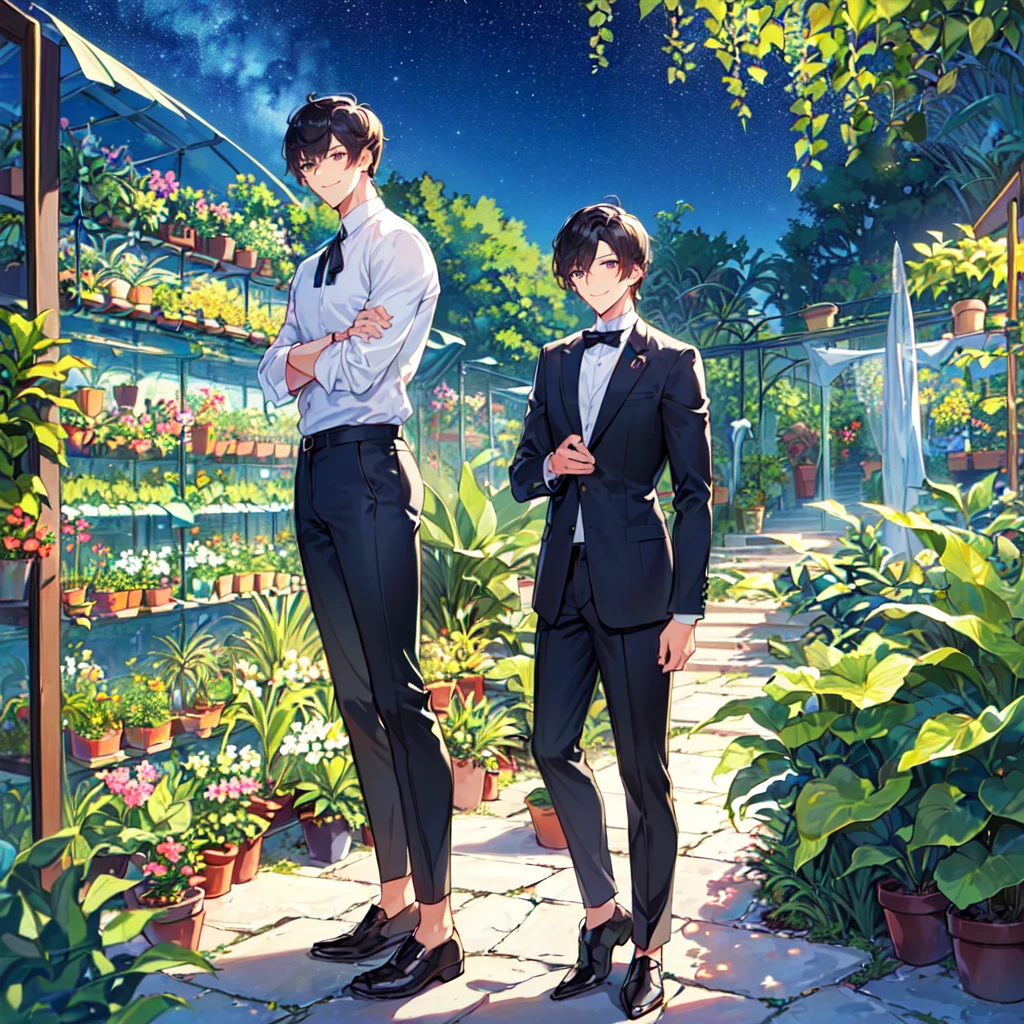 masterpiece,best quality,high quality,(1male austere handsome solo adult age 30 years old:1.5), purple eyes, cool with suspended eyes, V-shaped eyebrows, body strong and fearless 8.5 head tall, height 185cm, (well-groomed black short hair down to neck:1.4), (bangs 7 thirds parted:1.4), slender nose, facial muscles, throat, (pants in houseplant print fashion:1.3), (standing), (stylish pose), (fearless smile:1.3), (botanical garden full of houseplants in background:1.5), (Night Sky:1.2)