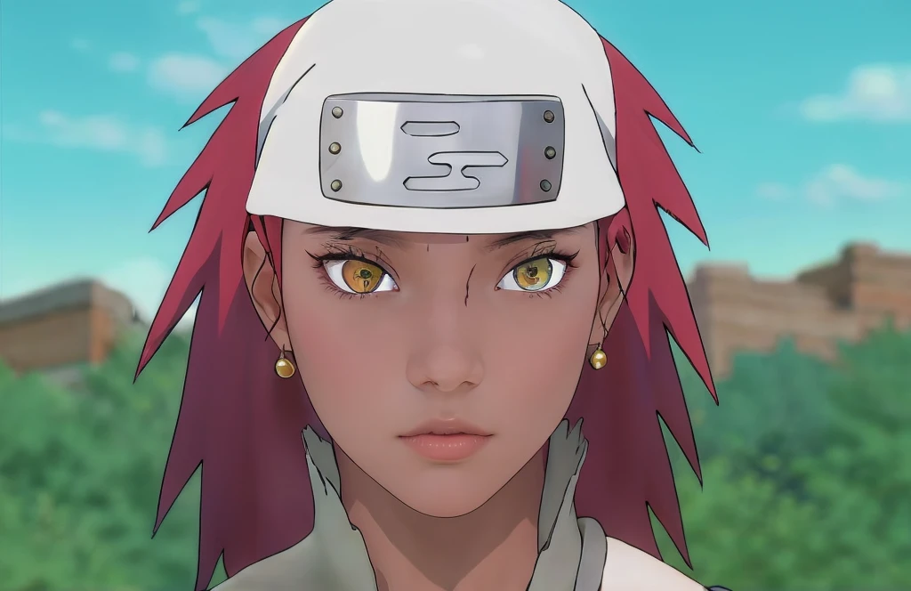 Young woman, dark skin with long red hair and amber eyes, wide nose, thick lips, green clothing, sword, Karui