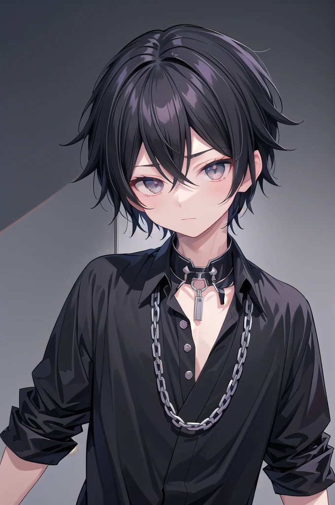 anime boy with black hair and a black shirt with a chain around his neck, male anime style, boy has short black hair, inspired by Okumura Togyu, anime style character, inspired by Okumura Masanobu, young anime man, anime moe artstyle, inspired by Itō Ogura Yonesuke, in an anime style