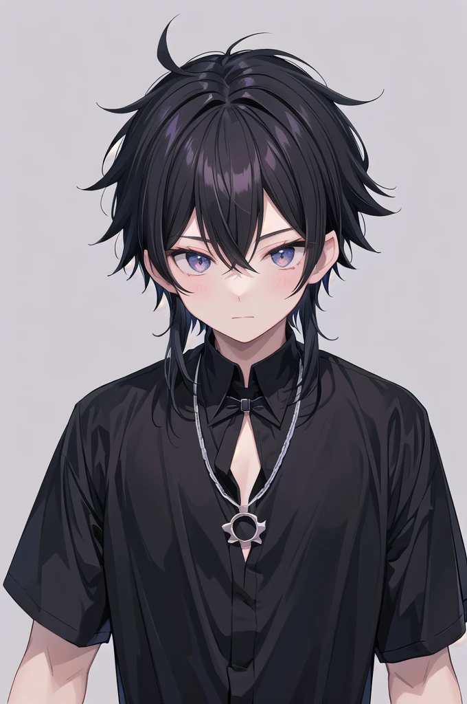 anime boy with black hair and a black shirt with a chain around his neck, male anime style, boy has short black hair, inspired by Okumura Togyu, anime style character, inspired by Okumura Masanobu, young anime man, anime moe artstyle, inspired by Itō Ogura Yonesuke, in an anime style
