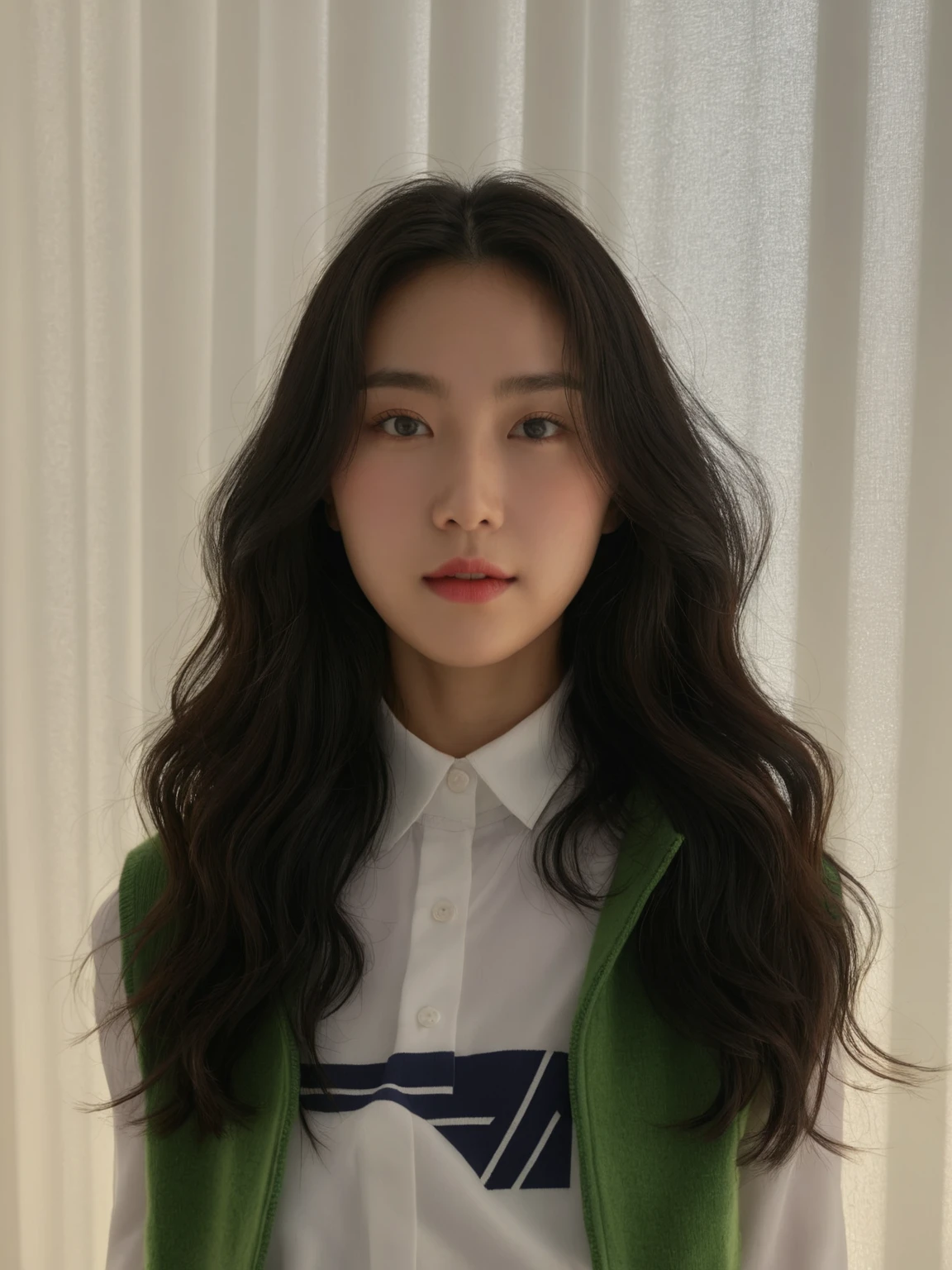 Best Quality, 8k, Masterpiece, (Portrait: 1.3), (photo realistic:1.4), (hyper realistic:1.4), Sharp Focus, looking at viewer, (smoother lighting:1.1), (increase cinematic lighting quality:0.9), realistic lighting, backlighting, light on face, ray trace, (brightening light:1.2), (Increase quality:1.4), sharp detail, (best quality real texture skin:1.4), finely detailed eyes, black_eyes, finely detailed face, 25 year old Korean woman, ( Green sweater_vest :1.4), (Create an image maintaining the original base model hairstyle:1.5)