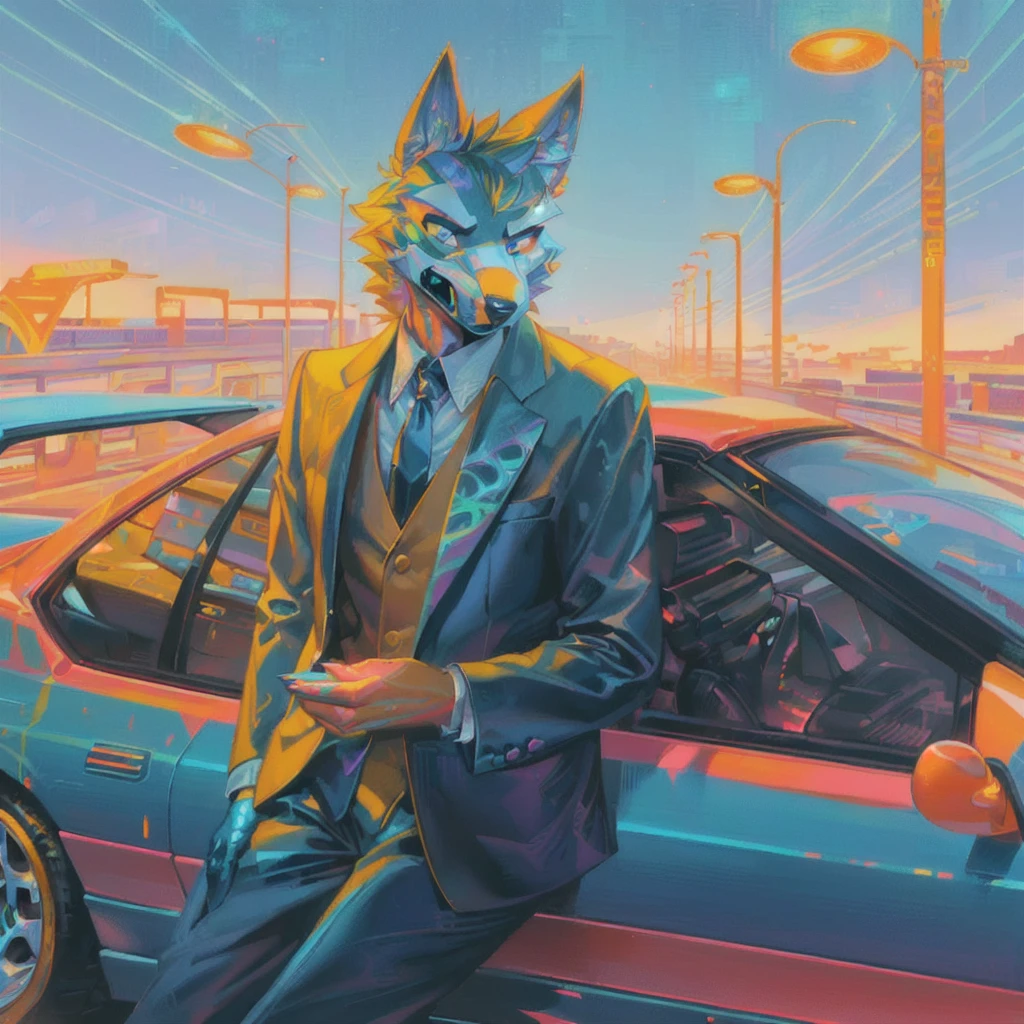 A man in a suit and tie stands next to a car, Just a joke, An anthropomorphic cyberpunk fox, Cathy Weldon, synthwave art, Epic retro wave art, masterpiece Epic retro wave art, author：Justin Gerard, synthwave art style, synthwave art style ]!!, kilian eng bright colors, author：Jason Benjamin