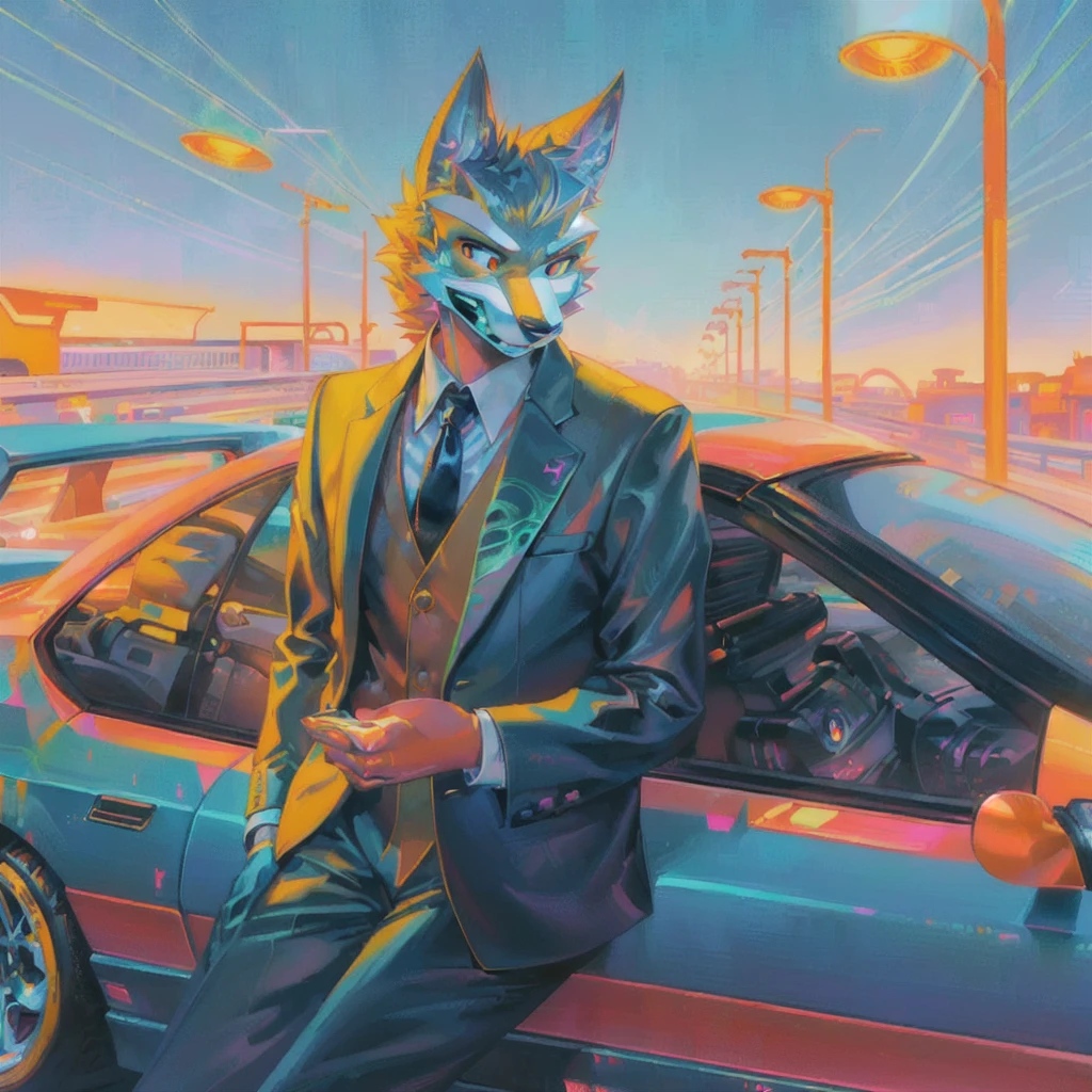 A man in a suit and tie stands next to a car, Just a joke, An anthropomorphic cyberpunk fox, Cathy Weldon, synthwave art, Epic retro wave art, masterpiece Epic retro wave art, author：Justin Gerard, synthwave art style, synthwave art style ]!!, kilian eng bright colors, author：Jason Benjamin