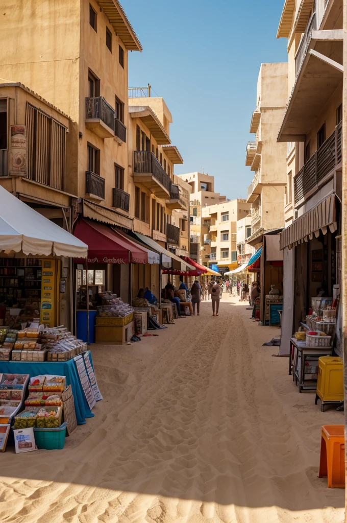 “A city of sand with sand buildings with car parking at the corner and many people roaming in the streets of markets to buy things for home in the evening where the sun becomes orange and the roads getting jammed by people and few food courts at one of the corners filled by people. 4k HD image , ultra realistic image ,-- v 6.0, -- aspect  16: