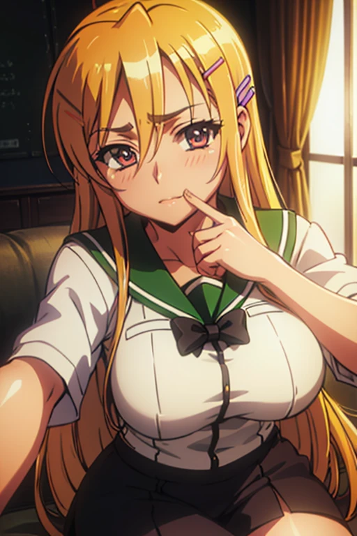 ((masterpiece,Highest quality,Ultra high definition,High resolution,8K,Ultra high definitionCG))Browsing Caution,Clear margins,A very beautiful adult woman in her 20s,1 person,Attractive figure,Very ample large breasts,(A drawing from the waist up),(Sunburnt black skin),(Blue Hair),Thin eyebrows,She pinned her hair behind one ear.,shoulder-length hair,Center-parted bangs,Cute eyes,A slightly shy face,(Student Council President,school uniform),Climax,Hair clip,Angel