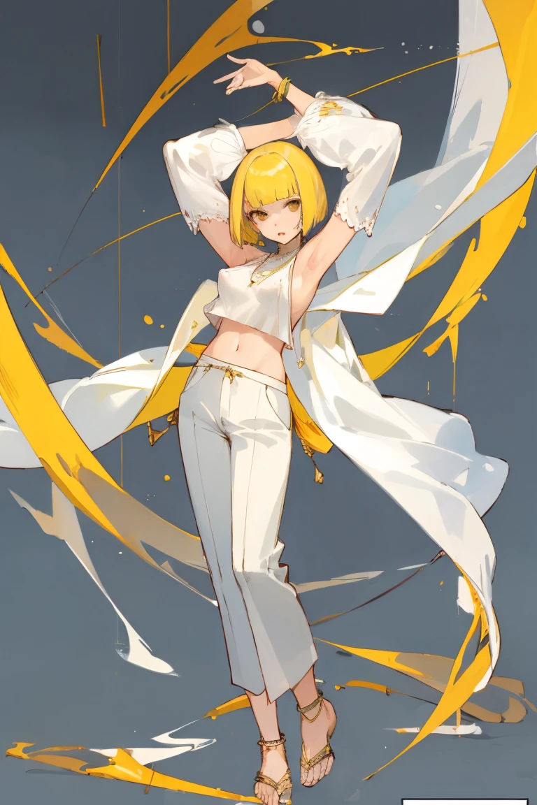 ((Highest quality)), ((masterpiece)), (be familiar with),woman,thin,Yellow Hair,Bobcut,Perm,sleeveless white sweater,{{{Erect nipples}}},shawl,pants,anklet
