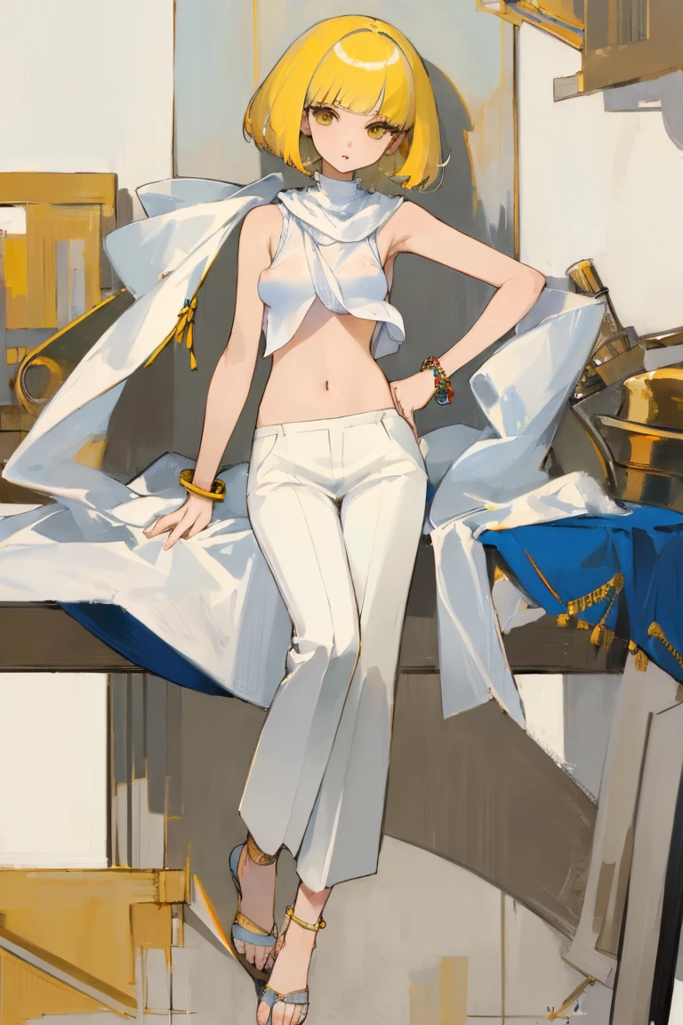 ((Highest quality)), ((masterpiece)), (be familiar with),{{nsfw}},woman,thin,Yellow Hair,Bobcut,Perm,sleeveless white sweater,{{Erect nipples}},shawl,pants,anklet
