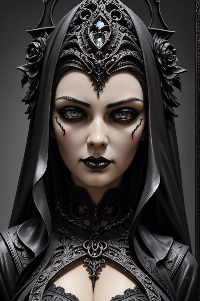 a close up of a sculpture of a woman's face with a gothic style head, gothic face, gothic art style, detailed 3d gothic oil painting, gothic art, baroque dark art, hyperrealistic art nouveau, intricate sculpture, ornamental gothic - cyberpunk, intricate face, detailed face ), symmetical face, neogothic art, gothic influence, gothic and baroque