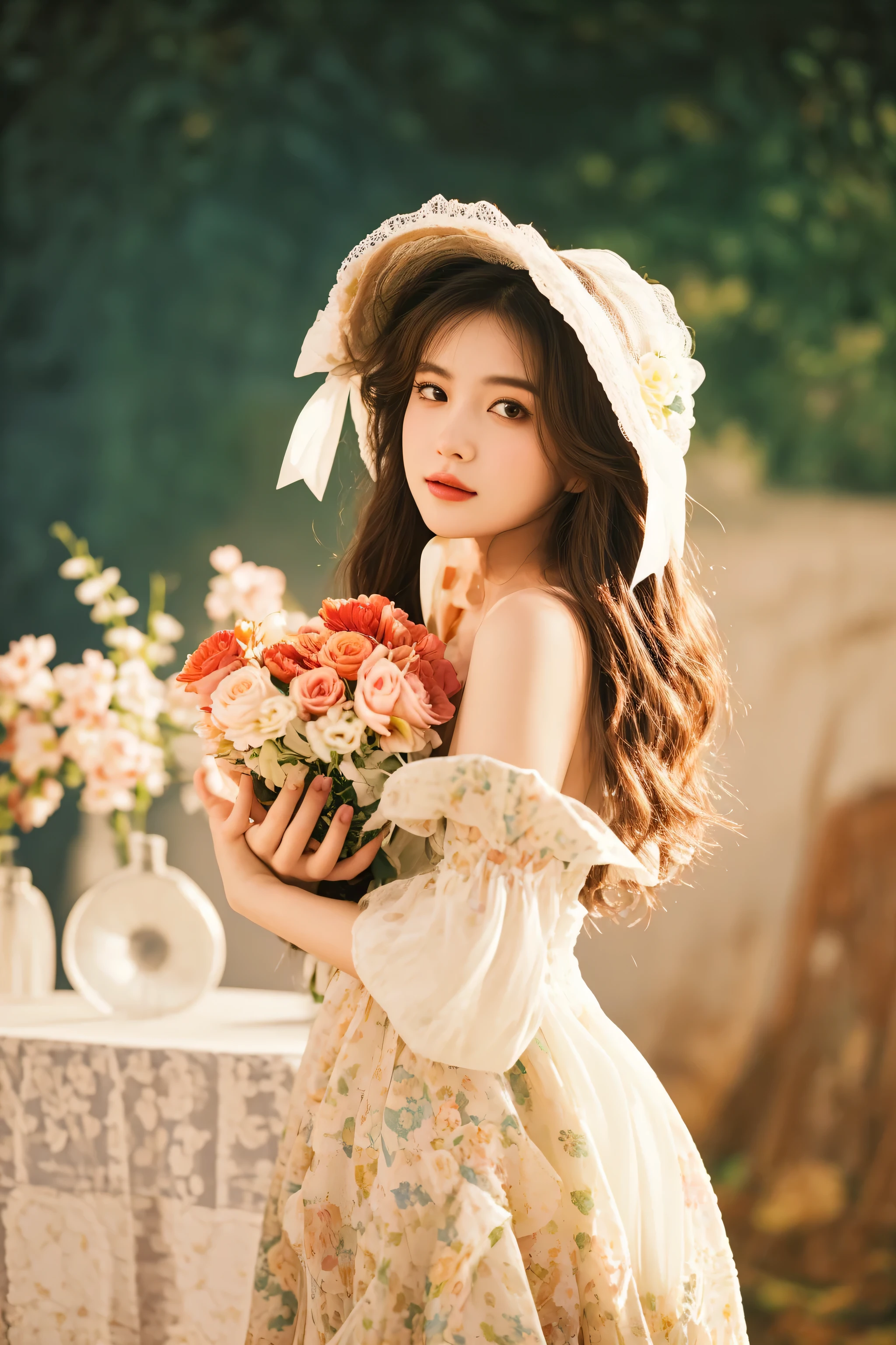 there is a woman in a dress and hat holding a bouquet, with flowers, lovely woman, flower, flower queen, cute and lovely, holding flowers, in romantic style, girl in flowers, photoshoot, romantic dress, soft portrait shot 8 k, flower dress, dressed in a flower dress, cute woman, lady with glowing flowers dress, romanticism portrait