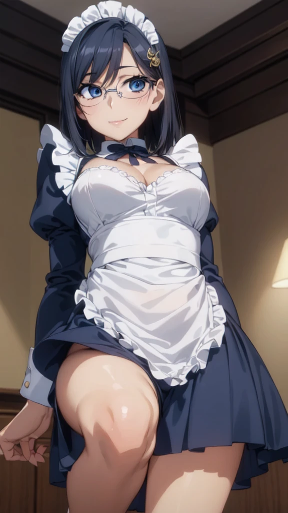 (From below:1.4),One Girl,18-year-old,(Perfect hands:1.3), Perfect Fingers,Perfect Anatomy, (masterpiece:1.3), Highest quality,Realistic, hyperRealistic, 16k hdr, morning, short hair,Put your arms behind your back,Aesthetic Anime Eyes,Condescending eyes,Beautiful Eyes,(Beautiful female hands:1.3),Small hands,(Thin fingers:1.3), (Navy Blue Hair), blue eyes, Glasses,Something like that, Cafe,Are standing,(Sweat:1.3),(smile:1.2),Big Breasts,Cleavage,(Sexy maid outfit,Head ornament:1.2),Ultra mini skirt,Frills,Sexy maid outfit,White panties,raise one leg slightly,