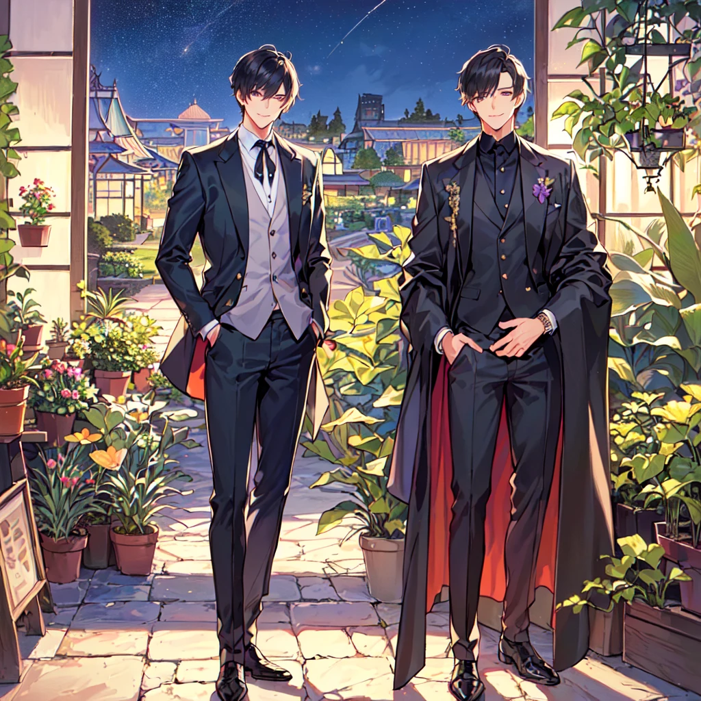 masterpiece,best quality,high quality,(1male austere handsome solo adult age 30 years old:1.5), purple eyes, cool with suspended eyes, V-shaped eyebrows, body strong and fearless 8.5 head tall, height 185cm, (well-groomed black short hair down to neck:1.4), (bangs 7 thirds parted:1.4), slender nose, facial muscles, throat, (pants in houseplant print fashion:1.3), (standing), (stylish pose), (fearless smile:1.3), (botanical garden full of houseplants in background:1.5), (Night Sky:1.2)