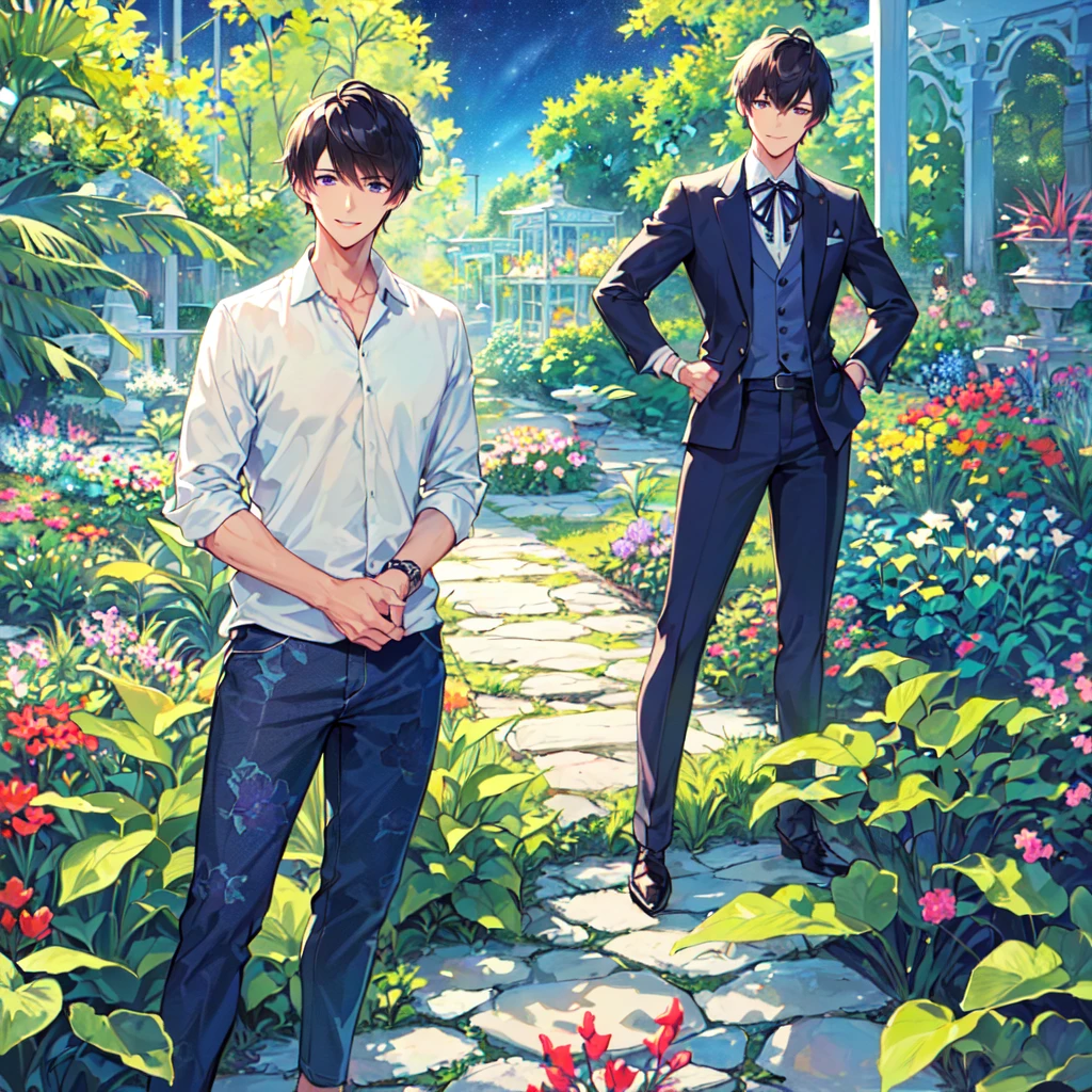 masterpiece,best quality,high quality,(1male austere handsome solo adult age 30 years old:1.5), purple eyes, cool with suspended eyes, V-shaped eyebrows, body strong and fearless 8.5 head tall, height 185cm, (well-groomed black short hair down to neck:1.4), (bangs 7 thirds parted:1.4), slender nose, facial muscles, throat, (pants in houseplant print fashion:1.3), (standing), (stylish pose), (fearless smile:1.3), (botanical garden full of houseplants in background:1.5), (Night Sky:1.2)
