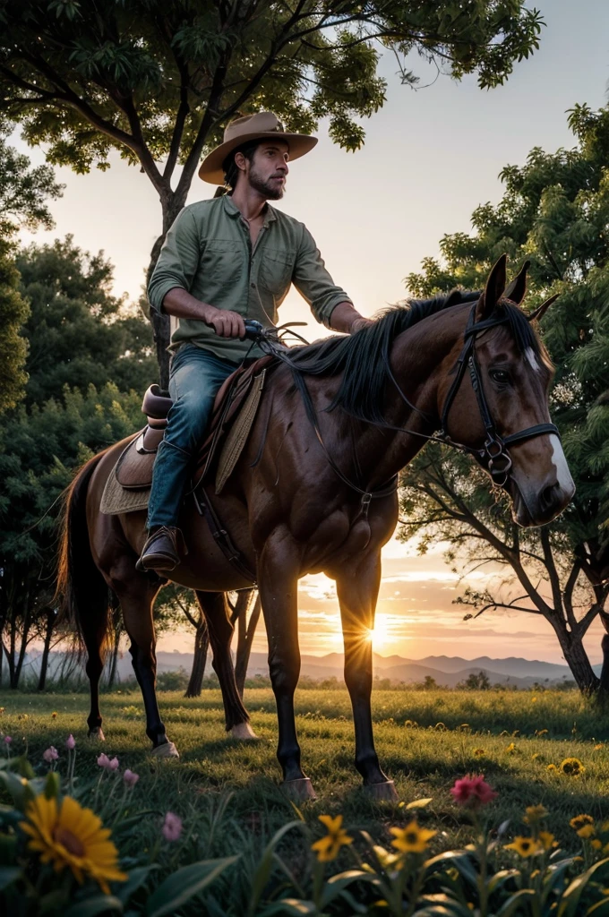 man riding a horse, backcountry, SUNSET, Afternoon, fild, TREES, realisitic, muito realisitic, grama verde, plants, flowers, SUNSET alaranjado, casa de fild com cercas, animais e flowerstas pequenas