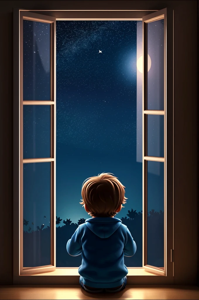 Cartoon image of A little boy looking out of the window, night mode, stars. 3D Pixar animation 