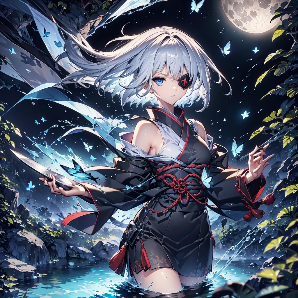 (((1 person Put on an eye patch Gray Hair Qinglong))) ((High resolution short hair Black kimono Shoulder Rin々Funny face knifeを胸の前で構える)) ((Black Band samurai Lonely despair blue eyes Close-up)) ((Blue Butterfly night Japanese style old Shining Aura garden water surface Catch the wind Distorted Space)) (dance 日本knife knife Slashing) 月night moonlight star Draw your sword Shining Background Shining Edge