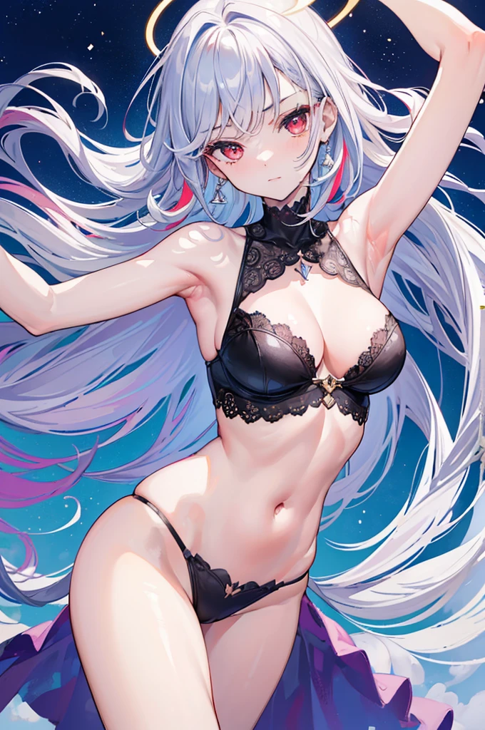 (Hands under armpits:1.4), (show armpits:1.3), (Underarm revealing clothing:1.5), (Raise your hands and show your armpits:1.4), (Armpit-revealing clothing:1.4), (Visible under armpits:1.3), (Expose the armpits:1.4), (Sexy underarms:1.4), (Charming armpits:1.3), (Smooth underarms:1.3), (Charming armpits:1.3), (sexy skin:1.4), (Soft armpits:1.3), (Charming armpits:1.4), (Charming armpits:1.3), (Supple skin:1.4), (Seductive armpits:1.4), UHD, retina, masterpiece, ccurate, anatomically correct, textured skin, super detail, high details, high quality, award winning, best quality, highres, 16k, long silver hair, red eyes, black halo, super white skin, multicolored hair, high res, masterpiece, supershar, high quality, masterpiece, HD, castle in background