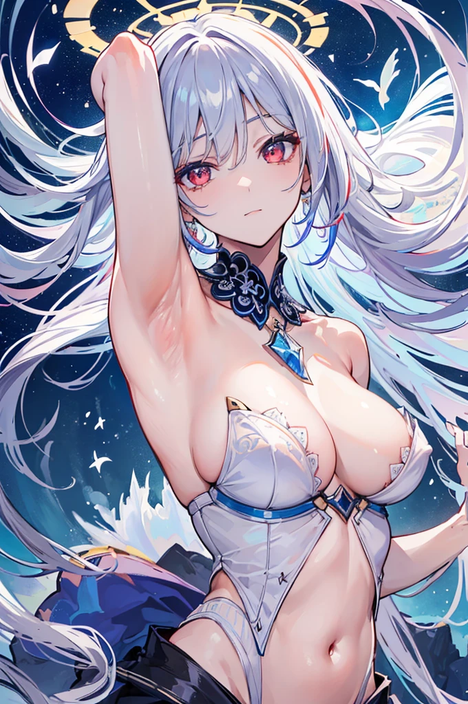 (Hands under armpits:1.4), (show armpits:1.3), (Underarm revealing clothing:1.5), (Raise your hands and show your armpits:1.4), (Armpit-revealing clothing:1.4), (Visible under armpits:1.3), (Expose the armpits:1.4), (Sexy underarms:1.4), (Charming armpits:1.3), (Smooth underarms:1.3), (Charming armpits:1.3), (sexy skin:1.4), (Soft armpits:1.3), (Charming armpits:1.4), (Charming armpits:1.3), (Supple skin:1.4), (Seductive armpits:1.4), UHD, retina, masterpiece, ccurate, anatomically correct, textured skin, super detail, high details, high quality, award winning, best quality, highres, 16k, long silver hair, red eyes, black halo, super white skin, multicolored hair, high res, masterpiece, supershar, high quality, masterpiece, HD, castle in background
