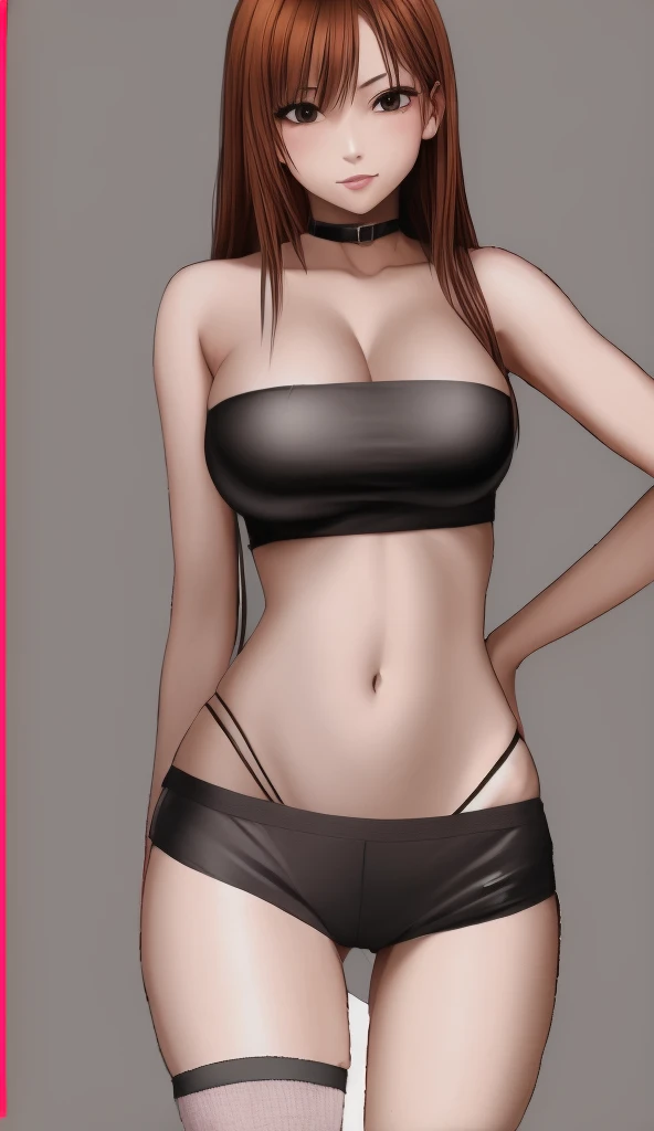 A beautiful woman with big breasts, beautiful legs, and a sharp face is standing with her legs spread to the side in a black navel-baring tube top and black hot pants that look like panties.。