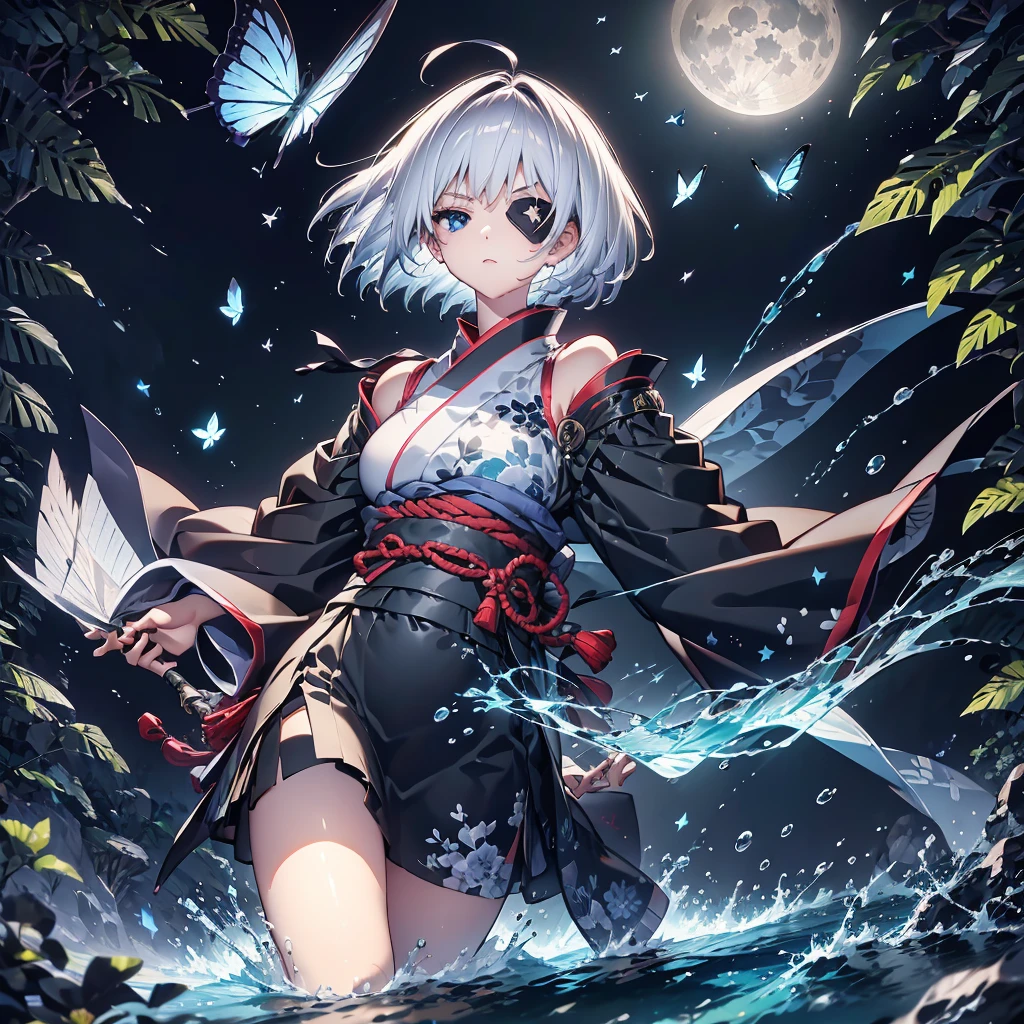 (((1 person　Put on an eye patch　Gray Hair　Qinglong)))　((High resolution　short hair　Black kimono　Shoulder　Rin々Funny face　knifeを胸の前で構える))　((Black Band　samurai　Lonely　despair　blue eyes　Close-up))　((Blue Butterfly　night　Japanese style　old　Shining Aura　garden　water surface　Catch the wind　Distorted Space))　(dance　日本knife　knife　Slashing)　月night　moonlight　star　Draw your sword　Shining Background　Shining Edge