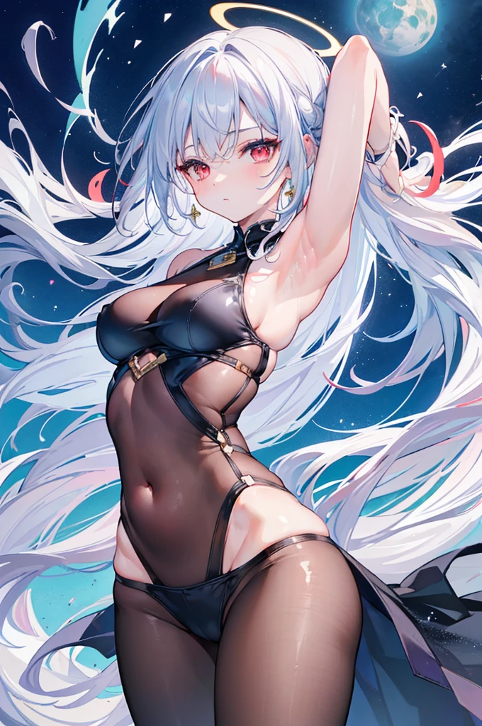 (Hands under armpits:1.4), (show armpits:1.3), (Underarm revealing clothing:1.5), (Raise your hands and show your armpits:1.4), (Armpit-revealing clothing:1.4), (Visible under armpits:1.3), (Expose the armpits:1.4), (Sexy underarms:1.4), (Charming armpits:1.3), (Smooth underarms:1.3), (Charming armpits:1.3), (sexy skin:1.4), (Soft armpits:1.3), (Charming armpits:1.4), (Charming armpits:1.3), (Supple skin:1.4), (Seductive armpits:1.4), UHD, retina, masterpiece, ccurate, anatomically correct, textured skin, super detail, high details, high quality, award winning, best quality, highres, 16k, long silver hair, red eyes, black halo, super white skin, multicolored hair, high res, masterpiece, supershar, high quality, masterpiece, HD, castle in background