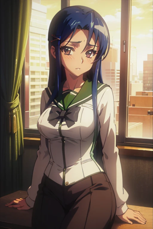 ((masterpiece,Highest quality,Ultra high definition,High resolution,8K,Ultra high definitionCG))Browsing Caution,Clear margins,A very beautiful adult woman in her 20s,1 person,Attractive figure,Very ample large breasts,(A drawing from the waist up),(Sunburnt black skin),(Blue Hair),Thin eyebrows,She pinned her hair behind one ear.,shoulder-length hair,Center-parted bangs,Cute eyes,A slightly shy face,(Student Council President,school uniform),Climax,Hair clip,Angel