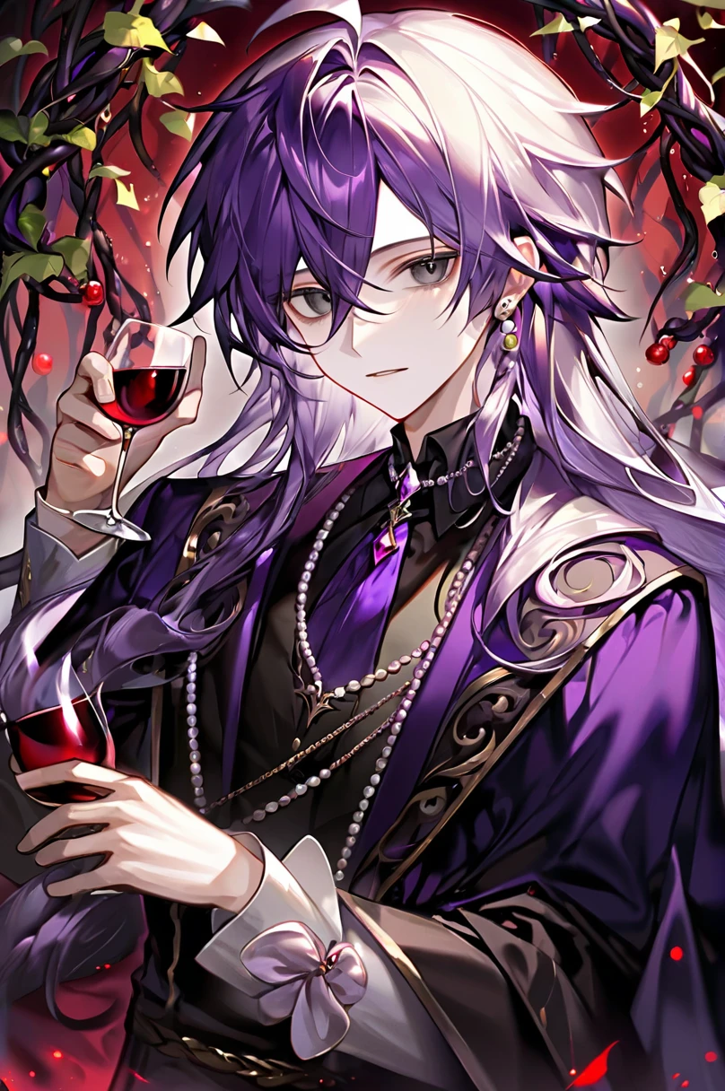 1boy, solo, adult, male focus, absolutely black eyes, demonic eyes, long dark-pearl hair, wavy hair, pale skin, thorny vines entwine the hair, graceful delicate facial features, dark purple aristocrat's clothes, black cloak covers his head, half body