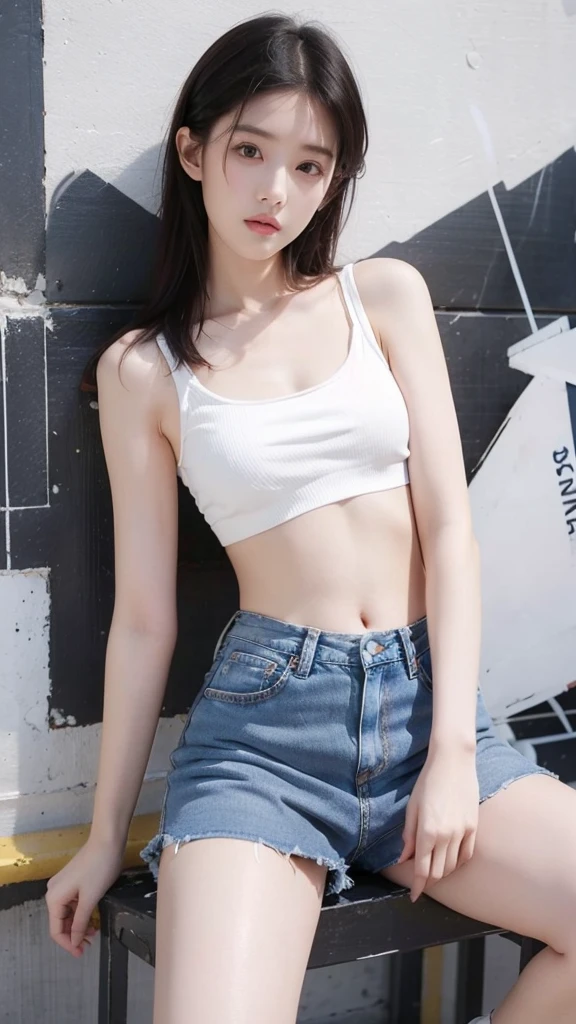 Girl in white bra and tight denim skirt posing for photo, full body, with cropped T-shirt, bra, slim body, smaller bust, slim girl model, 24-year-old female model, lying on the construction site, a group of black men onlooking