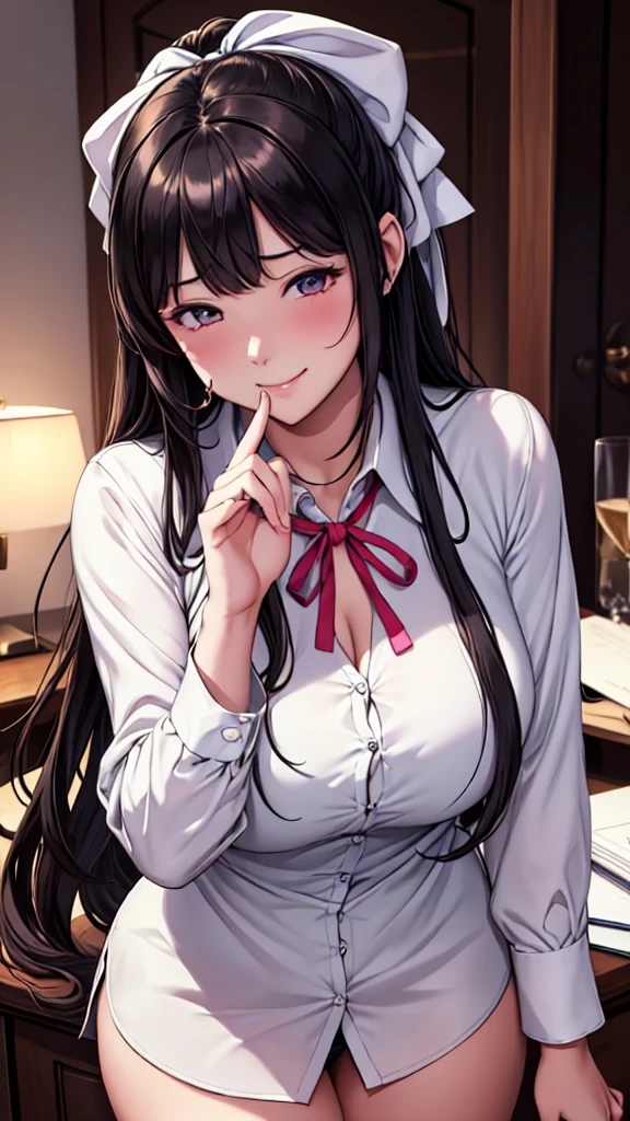 (masterpiece), (High resolution), (Highest quality), One girl, smile, blush, neck ribbon, View your viewers, ribbon, (Ring on right ring finger), shirt, Long Hair, bangs, Hand in hand, jewelry, Mouth closed, フリル collared shirt, No sleeve