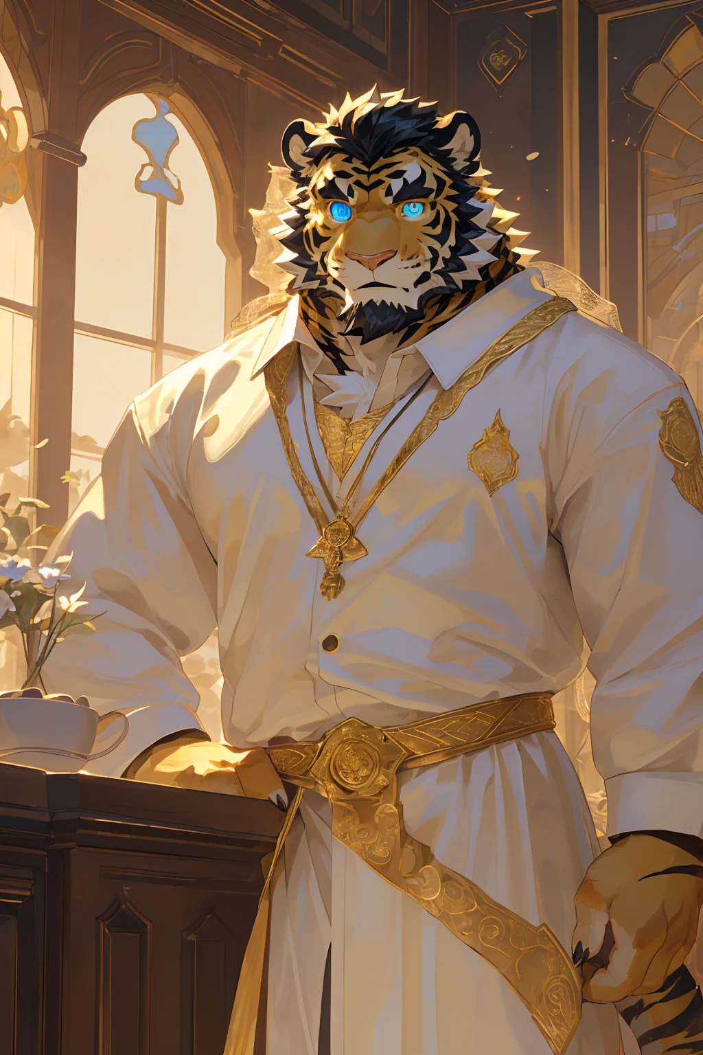 (Scarred body),(White regular clothes:1.5),king,16k high quality detailed art,(White regular clothes:1),(Golden Tiger:1.1), (((White and golden fur:1.5))),(Duotone),(A pair of eyes of different colors, One eye has a golden eye，The other eye has a blue eye:1.7),(Both eyes are the same size:1.4),(Muscular body:1.3),Handsome,(OK),(Perfect face),(Gold and white skin:1.3),(Full body description:1.3),Publaz, (Golden Tiger:1.1), (((Gold and white fur:1.3))),Handsome, (OK),Express,(Beautiful scenery background),(joy:1.3),(Golden Tiger tail),不同的Express,(A perfect masterpiece),(32k),(Abdominal muscles:1.3),(((middle aged:1.4))),(36 years old),(Gold Stripes),alone,(Black sideburns:1.2),(black beard:1.3),(Black Chin:1.3),(golden face pattern:1),(Very rich facial details:1.3),(Strong),(Mighty pose:1.3),Front view,(CG),(HD),(Black hair),Full body portrait,(Detailed background:1.3)