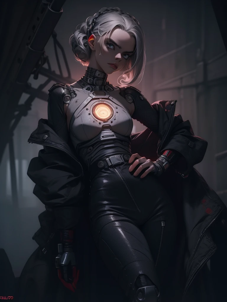 cowboy shot of futuristic detective lady, cybernetic jaw, short white hair, glowing eyes, red lips, white shirt, unbuttoned, black pants, vest, holster, mechanical parts, prosthetic arm, <lora:sxz-niji-v2:0.8>