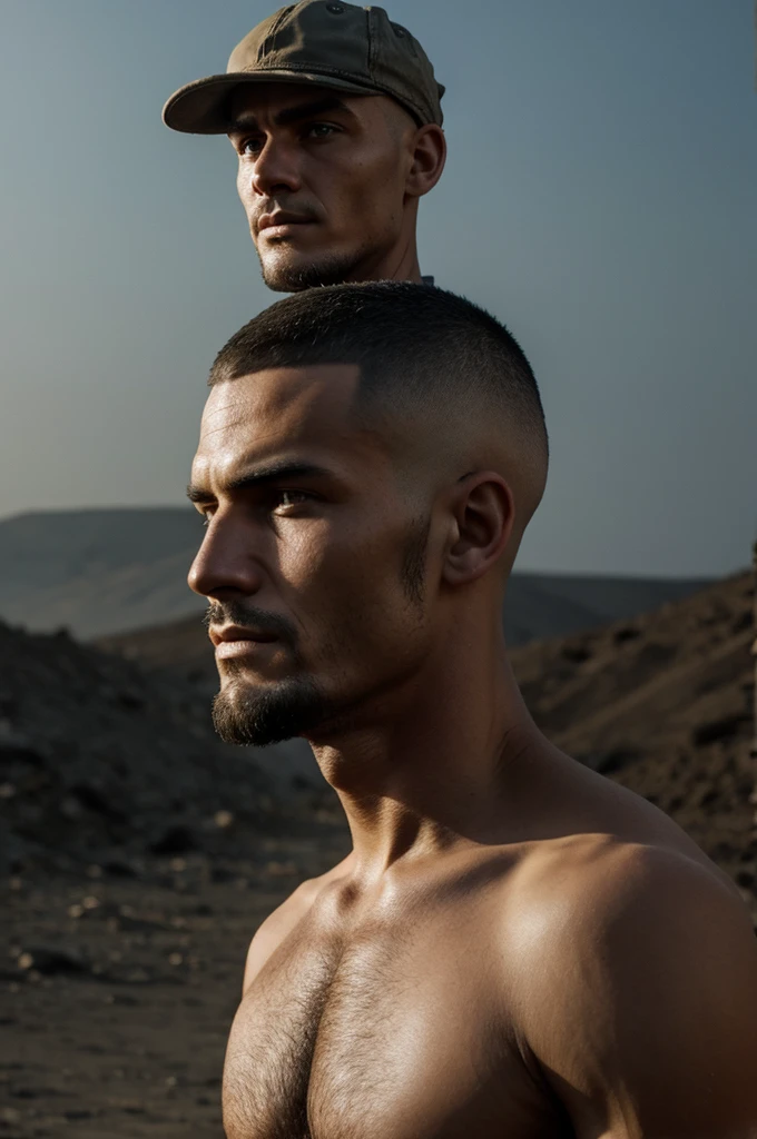 A Man apocalypse survivor with shaved haircut wearing a cap.