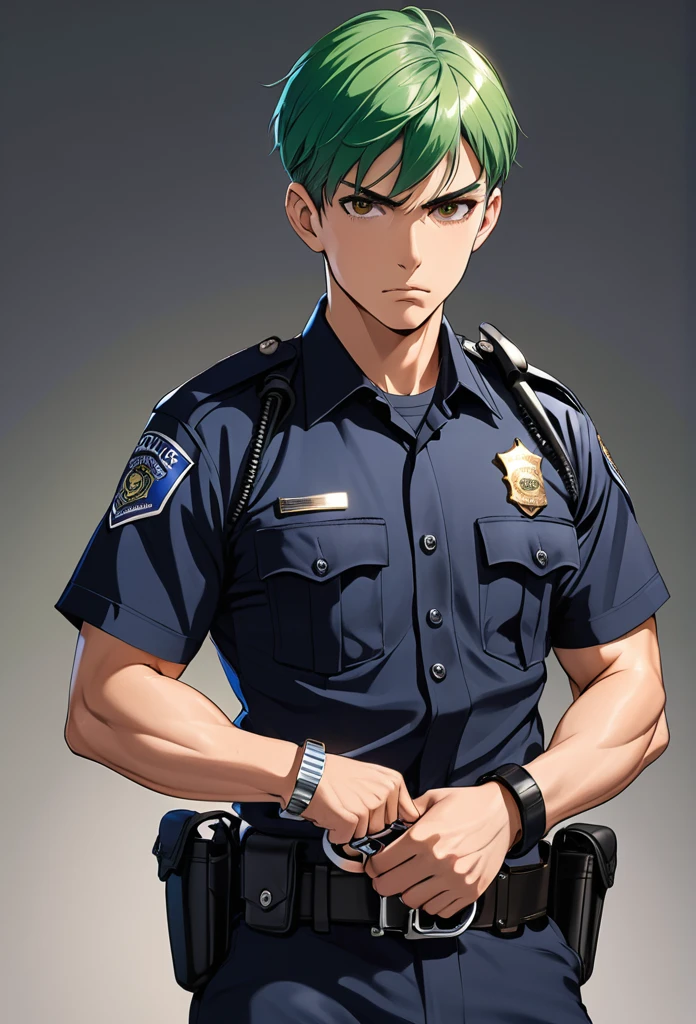 Man, short green hair, Very short hair, Brown eyes, Serious eyes, Athletic body, Athletic build
Police uniform, police uniform, blue police uniform, handcuffs on the belt, handcuffs