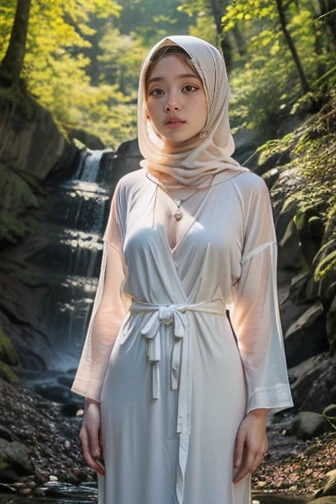 RAW, Best quality, high resolution, masterpiece: 1.4), beautifull Korean woman in hijab, 25 years old.Masterpiece, perfect slim fit body, (medium breast gorgeous eyes, Soft smile, wear a super transparent light pastel robe gamis, unbuttoned loose opened gamis clothes, showing nude breasts and vagina ,see a cameltoes,necklace, shairband, naked pose, evening view at waterfall. forest. Excellent lighting, Bright colors, Clean lines.