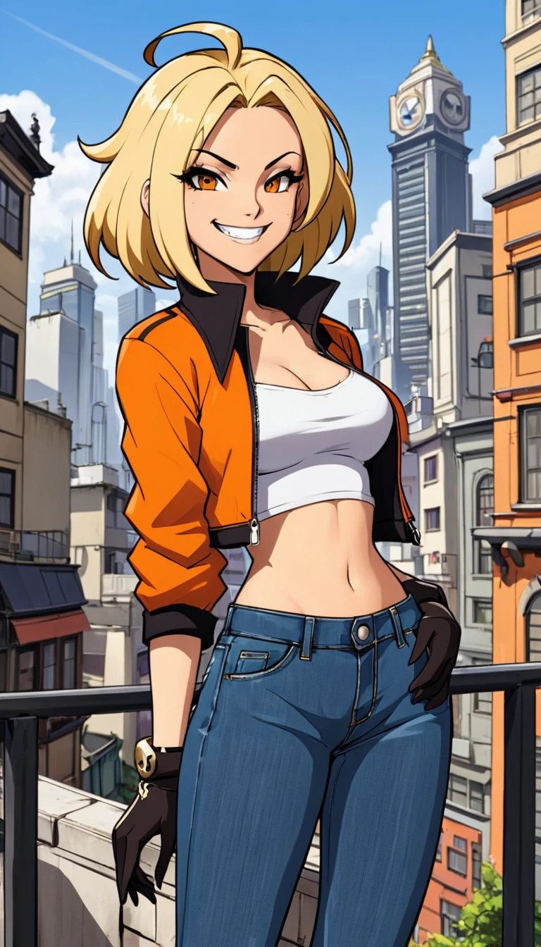 score_9, score_8_up, score_7_up, source_anime, rating_explicit, beautyful woman, cerebella from skullgirls, black cropped, orange jacket, jeans pants, smile, city background