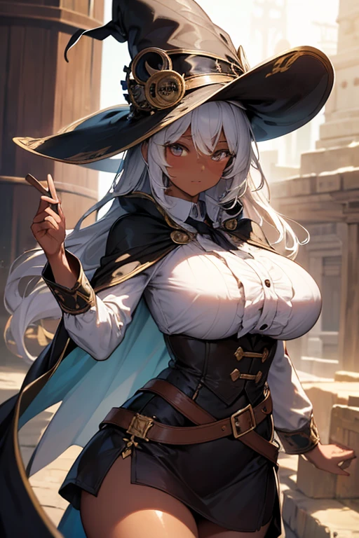 (masterpiece:1.2),Detailed explanation, Awards, high quality, High resolution, HD, 4K,8K,high quality,(professional illustration:1.1),(Chewy breasts,tender breasts:1.3),large breasts,close up face,Thighs focus,(dark skin:1.2),white hair,(****:1.2),(cape,poncho:1.2 ),Fuzz hair,Flowing hair,military uniform,(blouse:1.3),sorcerer,Alchemist,pirate,huge hat,wizard hat,(hide your eyes with a hat),underbust,intricate details,elaborate clothing,long paleo ,steampunk