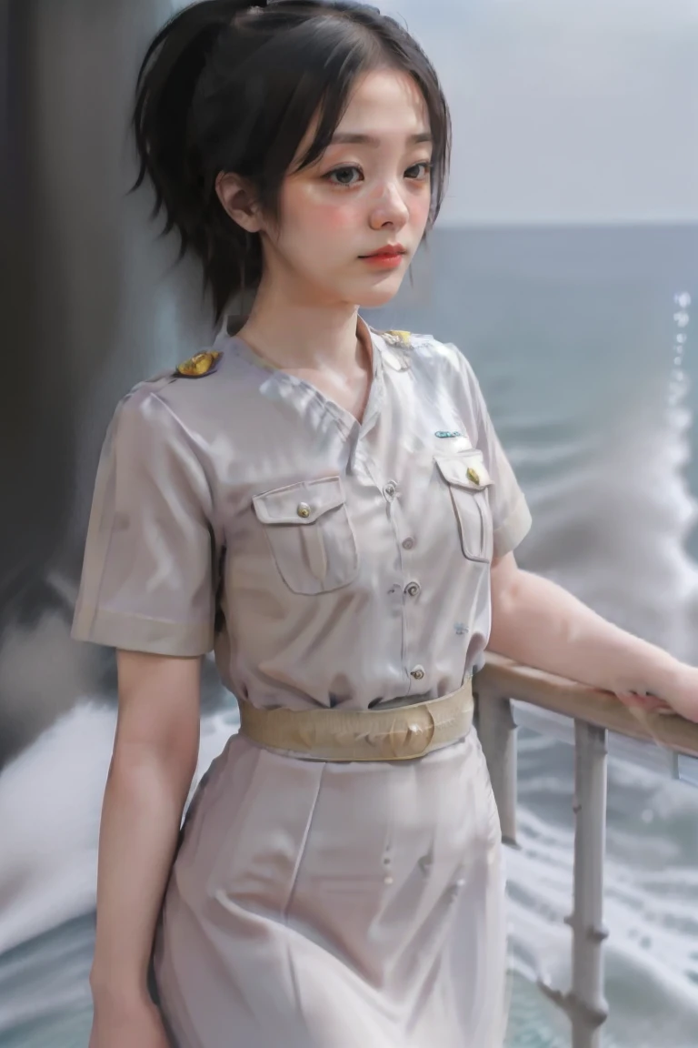 MAGIC in your area ,Ponytail hairstyle, Bangs, short sleeve uniform, waist up, smile, beautiful lighting, best quality, masterpiece, ultra highres, photorealistic (sea background:1.8)