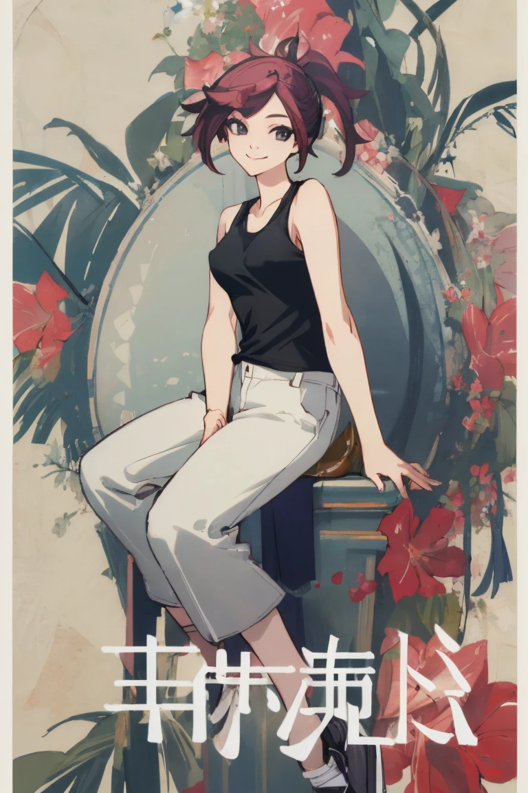 ((Highest quality)), ((masterpiece)), (be familiar with),One female,Erect nipples,Black tank top,Sleeveless shirt,pants,Bewitching Smile
