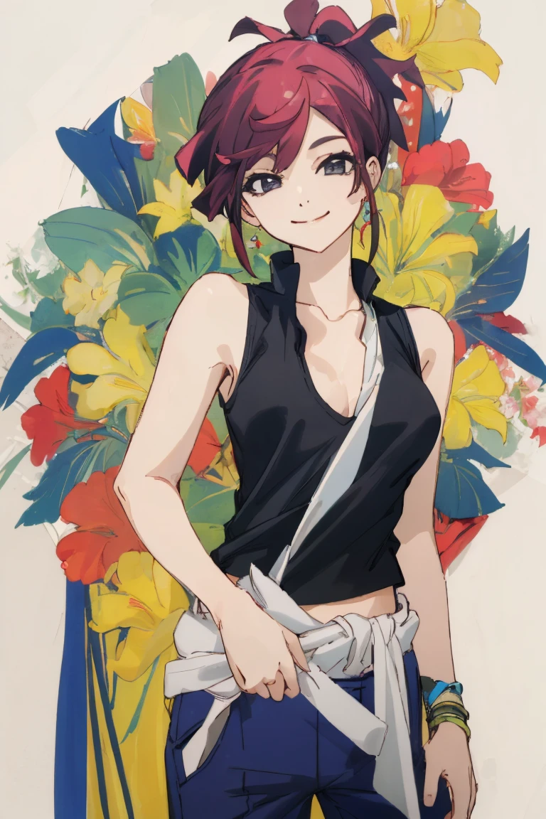 ((highest quality)), ((masterpiece)), (be familiar with),One female,((nsfw)),Erect nipples,Sleeveless shirt,pants,Bewitching Smile
