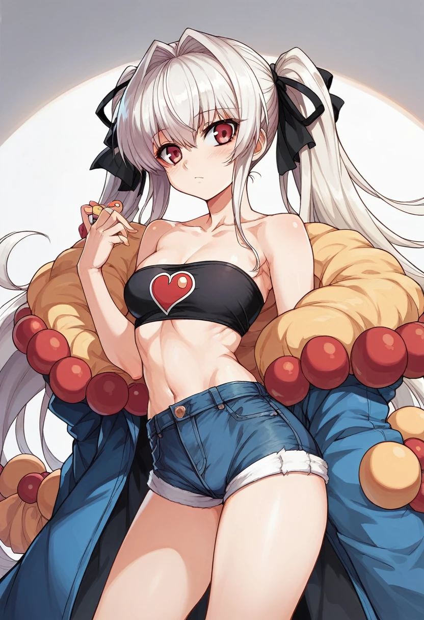 character Nijimi Anazawa, anime style, two ponytails with elastic bands in the shape of cherries red, pale blue hair, cute , blue eyes, blue eyelashes, square bangs, thick bangs, long double ponytails, two cherries on the hair