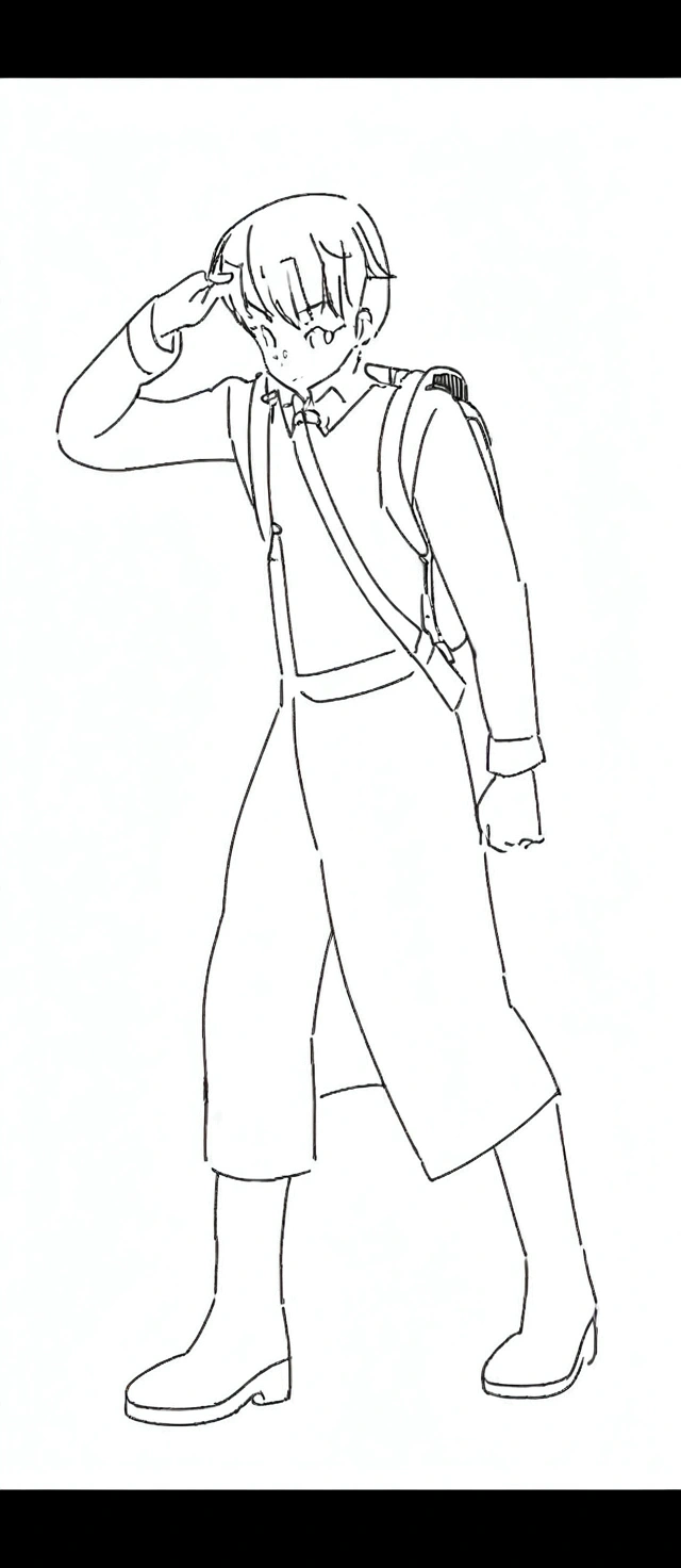 a drawing of a man in uniform with a backpack, clean line art, describe drawing, clean anime describes, describe sketch, simple line art, sharp line art, perfect line art, line art!!, described!!!, describe art, line art, thick line art, heavy line art, full body character drawing, full body drawing, King Tracking, describe