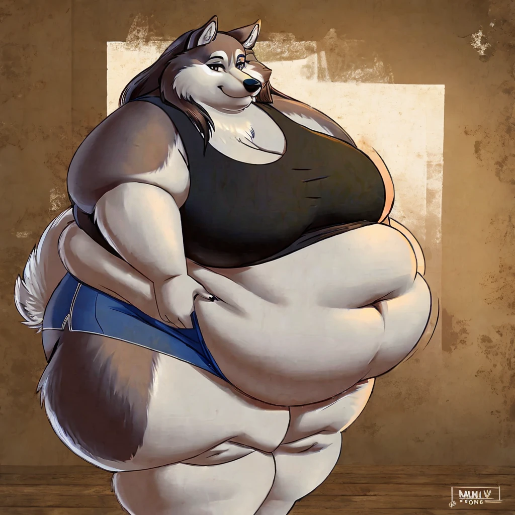 Malamute, female, long hair, gorgeous, beautiful, eyelashes, voluptuous, plump, belly rolls, fat arms, fat legs, belly overhang,tank top, shorts 