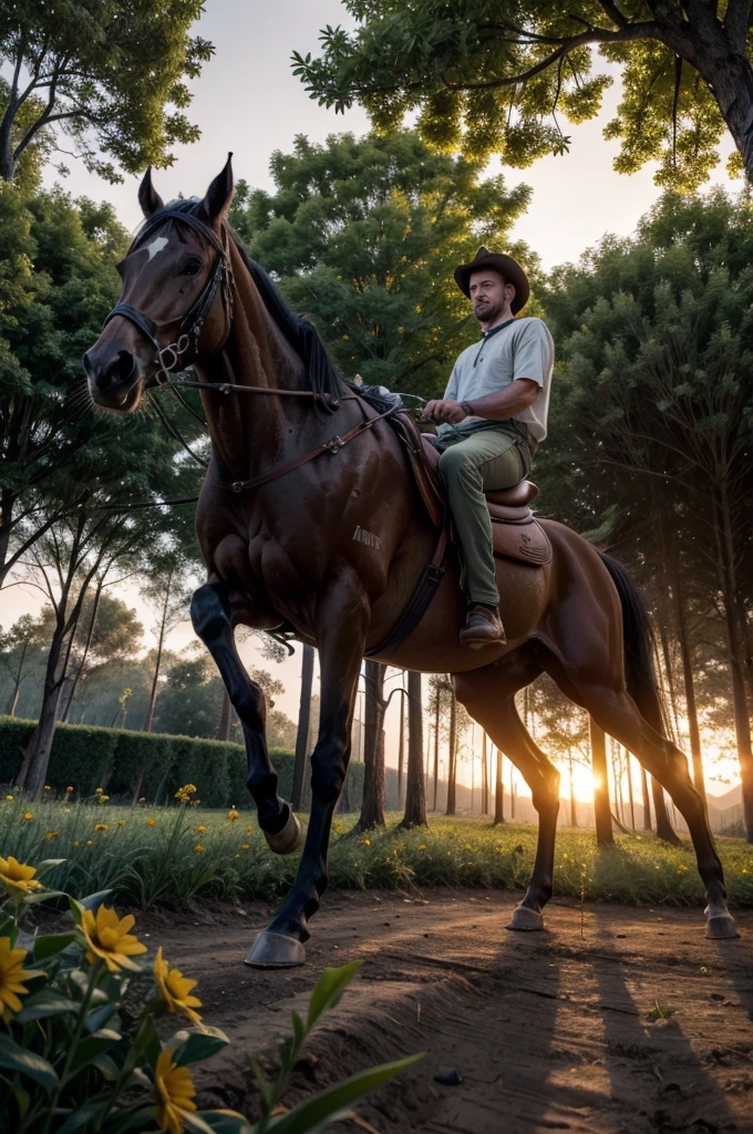 man riding a horse, backcountry, SUNSET, Afternoon, fild, TREES, realisitic, muito realisitic, grama verde, plants, flowers, SUNSET alaranjado, casa de fild com cercas, animais e flowerstas pequenas