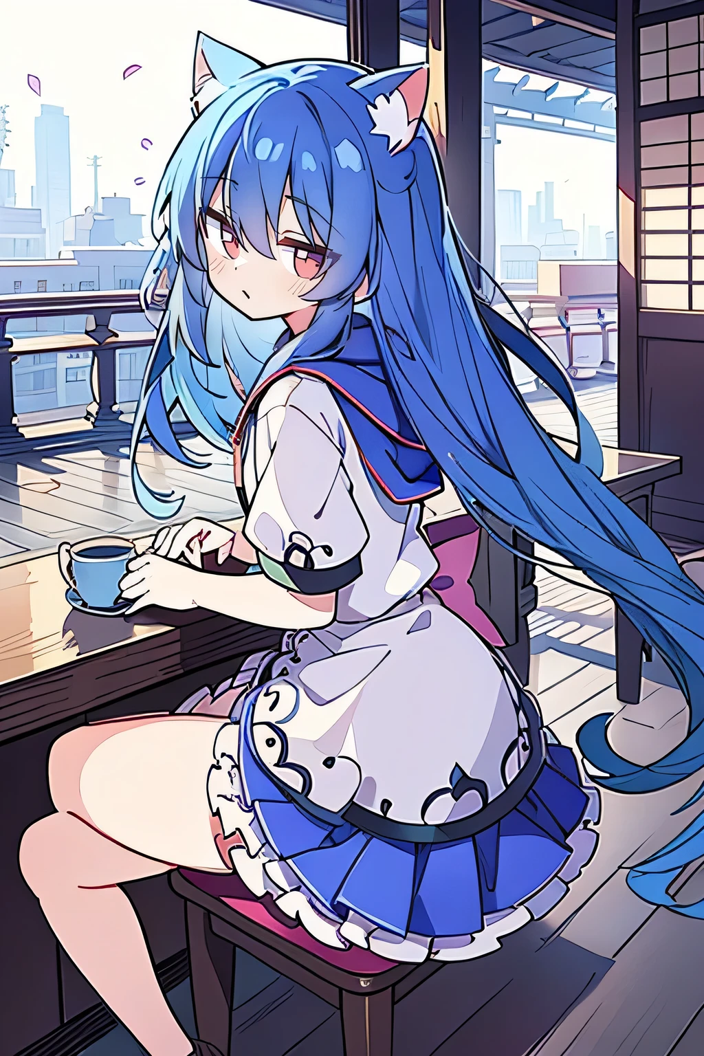 （masterpiece：1.2），Super detailed，lifelike，Expressive eyes，fair skin，perfect face shape，1 girl，
Japanese comics,Gorgeous blue hair,flowing blue hair,flowing clothes,Cat ears,Petals fall,beautiful lola,Baby Angel,
Cross your legs，Gentle and peaceful background，The pavilion is cool and comfortable,smile, wearing hoodie, background of tokyo,back views,snowing, winter.